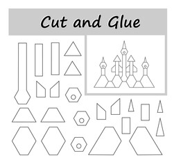 DIY worksheet. Color, cut parts of the image and glue on the paper. Cartoon castle.