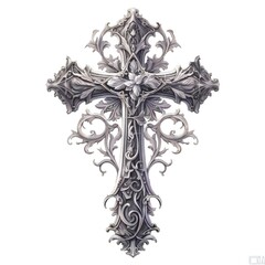 Cross tattoo design on white background, in the style of baroque-inspired chiaroscuro, dark silver and white, organic stone carvings
