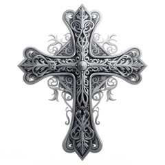 Cross tattoo design on white background, in the style of baroque-inspired chiaroscuro, dark silver and white, organic stone carvings
