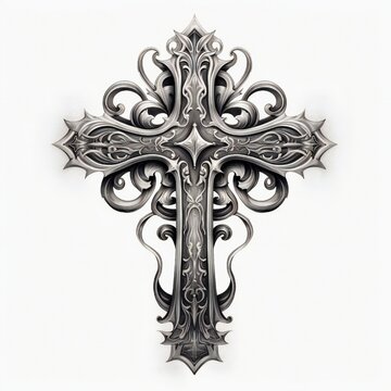 Cross tattoo design on white background, in the style of baroque-inspired chiaroscuro, dark silver and white, organic stone carvings
