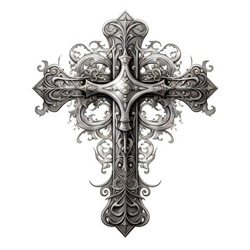 Cross tattoo design on white background, in the style of baroque-inspired chiaroscuro, dark silver and white, organic stone carvings
