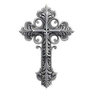 Cross tattoo design on white background, in the style of baroque-inspired chiaroscuro, dark silver and white, organic stone carvings

