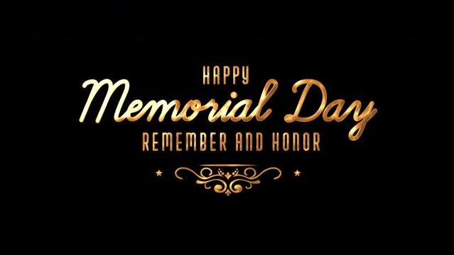 Happy Memorial Day Lettering Text Animation in Gold Color on Black and Green Background. Memorial day animation. Remember and Honor banner for memorial day celebration. Motion graphic design. 4k video