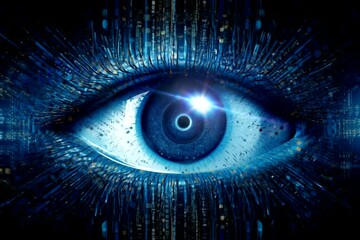 Artificial intelligence scans information. High technologies in the future. The future of digital vision technologies, security and biometrics. Implant in the human eye