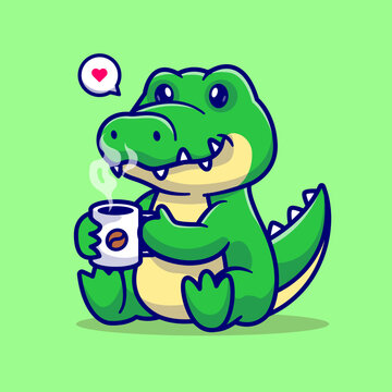 Cute Crocodile Drinking Coffee Cartoon Vector Icon 
Illustration. Animal Drink Icon Concept Isolated Premium
Vector. Flat Cartoon Style