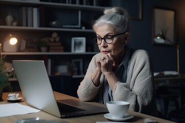 Stylish elderly woman working on a laptop computer, smiling. Generative AI illustration. woman working from home on a laptop in a modern apartment.