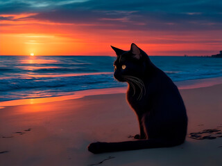 black cat sits on the beach and looks at the sea at sunset

