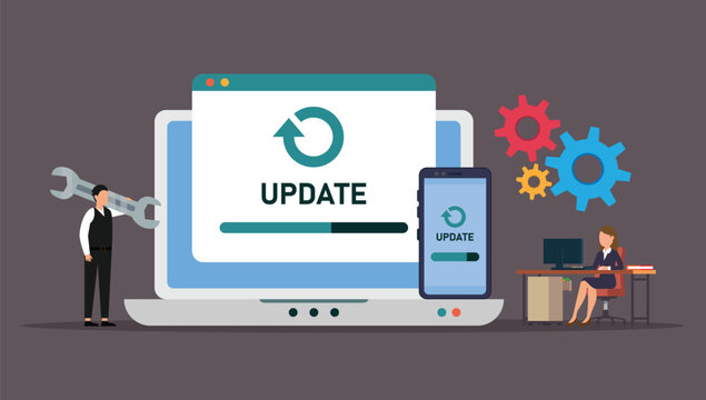 IT specialists updating software, programs and applications 2d vector illustration concept for banner, website, illustration, landing page, flyer, etc.