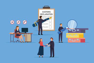 Customs Officer Characters Filling Customs Declaration and Check Passenger 2d vector illustration concept for banner, website, illustration, landing page, flyer, etc.
