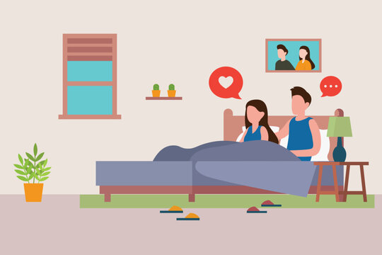 happy man and woman lie in bed and talks 2d vector illustration concept for banner, website, illustration, landing page, flyer, etc.