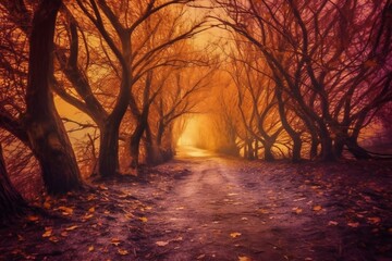 Fantasy dramatic autumn tree path, leaves falling, breathtaking, amazing, stunning landscape Generative AI

