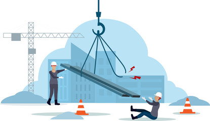 Accident at construction site. Steel plate falling on workers when using crane moving. Accident awareness and unsafe workplace in construction industry concept