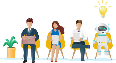 Career and job disruption from artificial intelligence technology. Smart AI robot sit among recruitment applicants for interview on vacant job. 