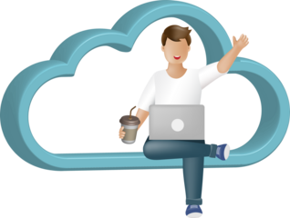 Man work on computer connected to cloud computing network service. Wireless technology.