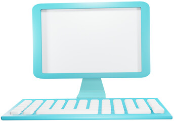 Blank screen computer with keyboard front view. 3D isolated cartoon character PNG.