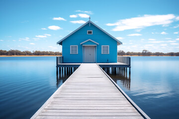 Crawley Edge Boatshed, Australian boat station with long wooden pier and bright blue river. Generative AI content