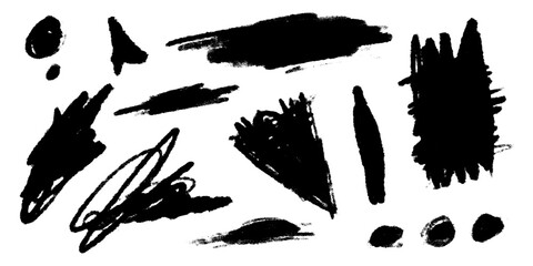 Rough Grunge Set ink brush strokes and round freehand drawing shapes. Ink splatters, grunge painted lines, artistic design elements, circles Vector paintbrush