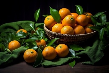 Tantalizing Tangerines with Lush Leaves on the Table, Generative AI
