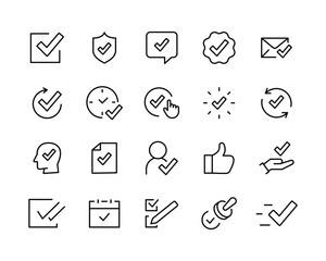 Approve Line Icons. Protection Guarantee, Accepted Document, Quality Check, Stamp, Check List icon vector symbol logo illustration line editable stroke flat design style isolated on white