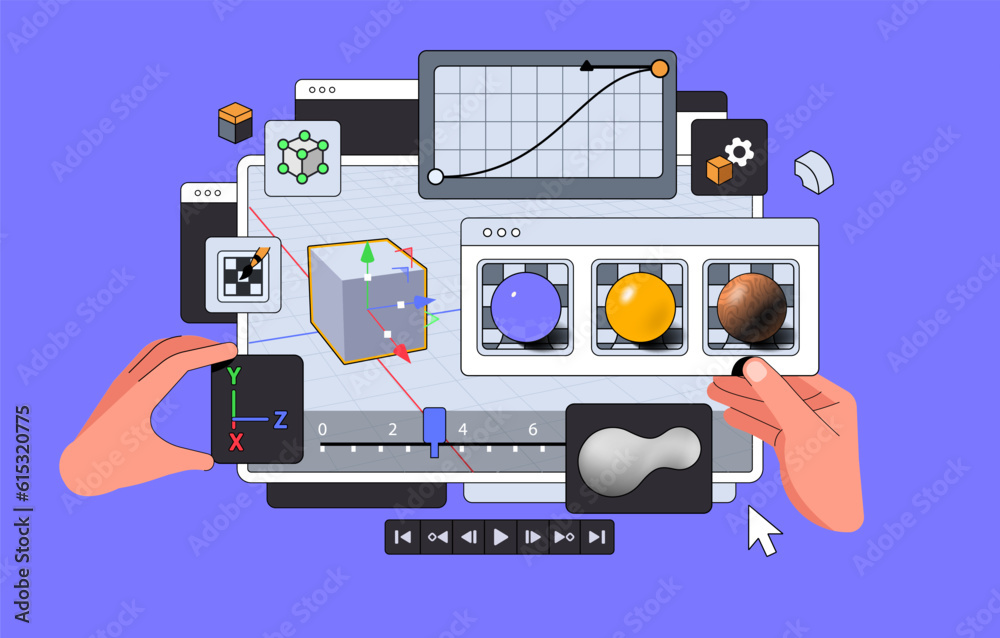 Poster 3d software suite interface layout with hands. viewport of program for motion designers and animator