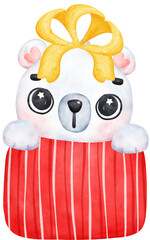Fototapeta premium Christmas Surprise, joyful Adorable Polar Bear with Stacked Presents, winter animal watercolour Children Illustration