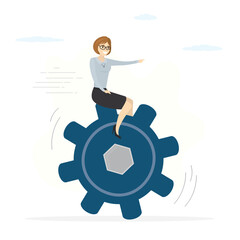 Smart businesswoman riding huge gear. Effort and ambition to reach goal. Motivational for self-development. Business process, workflow, office day, collaboration, partnership