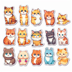 Fototapeta premium Generative AI Set of stickers with cute cats on white background. Vector illustration.