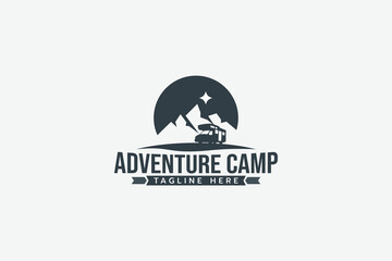 adventure camp logo with a combination of a campervan, mountains, and the north star for any business.