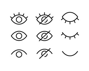 Eyes line icons. View and Eye icon set. See and unsee symbol. Show password. Open, closed, visible invisible concept, hidden password, icon vector symbol logo illustration line editable stroke