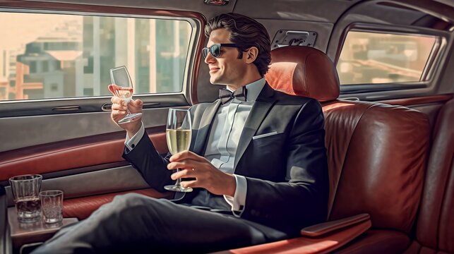 Business man enjoying in limousine with glass of champagne