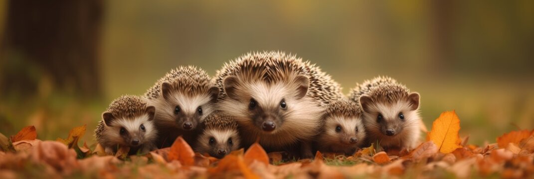 Niedliche Igelfamilie vor herbstlichem Naturhintergrund mit Laub, Generative AI