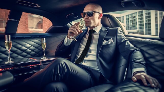 Business man enjoying in limousine with glass of champagne