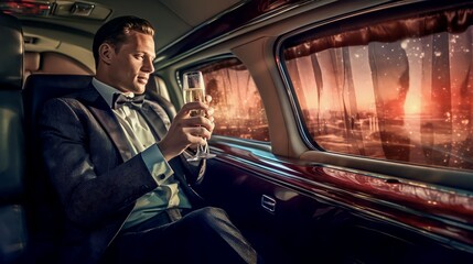 Business man enjoying in limousine with glass of champagne - obrazy, fototapety, plakaty