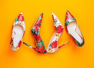 Colorful leather shoes stiletto. Stylish classic women leather shoe. Stylish female shoes in...