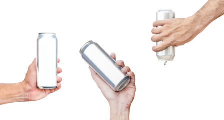 Collection set hand hold mockup shiny aluminum can