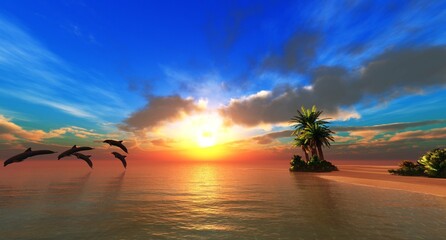 Beautiful beach with palm trees at sunset, panorama of a tropical landscape, sea sunset,
3d rendering