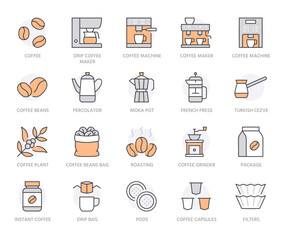 Coffee making line icon set. Drip bag, moka, pod, capsule, arabian, kettle, french press, bean minimal vector illustration. Simple outline sign for coffeemaker. Orange Color, Editable Stroke