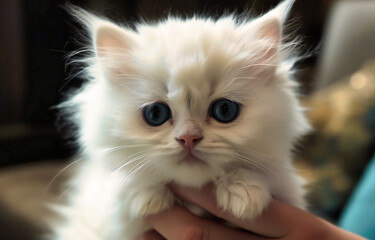 a kitten being held up by a hand