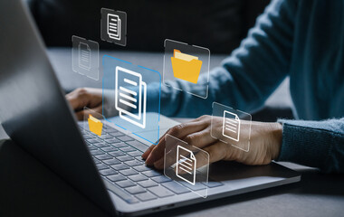 Human use laptop with online cloud document file management, information, system, DMS, online documentation database, manage files, enterprise with ERP.search and manage document business technology © JOURNEY STUDIO7