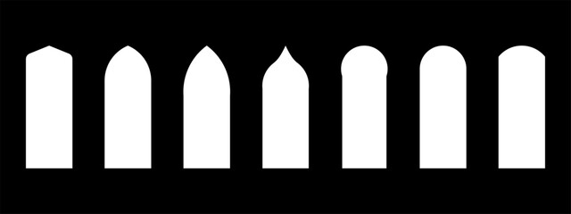 Different Islamic window shapes on black background.