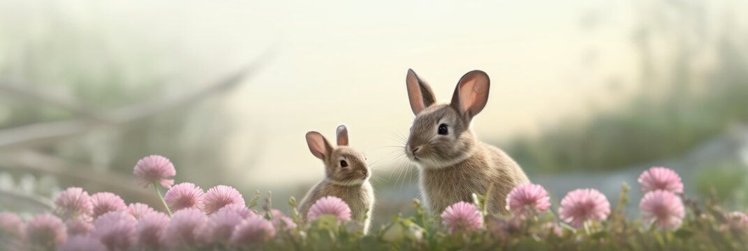 Eine Mutter H&auml;sin mit ihrem Jungen auf einem Feld aus rosa Blumen, weiche und vertr&auml;umte Atmosph&auml;re - Fr&uuml;hlings- und Osterhintergrund