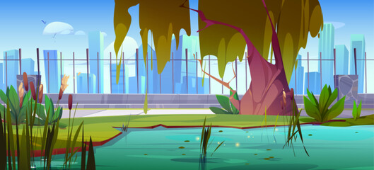 Swamp in city park with reed and grass cartoon vector. Water pond near metal fence at day time, environment nature scene. Outdoor panoramic landscape with urban skyline illustration design