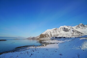 Beautiful beach in winter season at Lofoten, Norway, Europe. 