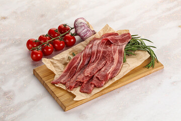Raw beef bacon for cooking