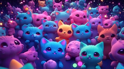 Group of cute little kittens and stars on blue background