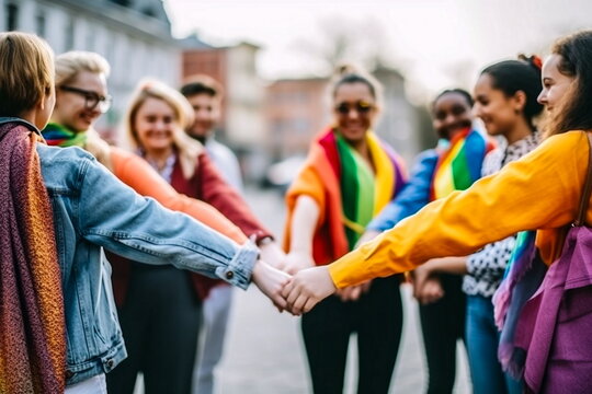 Group of lgbt people holding hands outside - Diverse happy friends hugging outdoors. AI generated Illustration