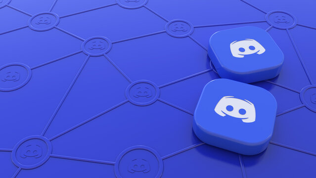 3D Rendering of two badges with the icon of Discord on blue background representing the concept of connectivity through social networks.