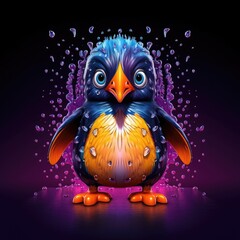Obraz premium An animated penguin in colorful water in front of a black background