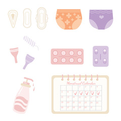 Set of menstrual items for women, menstrual accessories. Vector illustration
