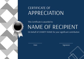 Certificate of appreciation, this certificate is awarded to text and award ribbon on blue template